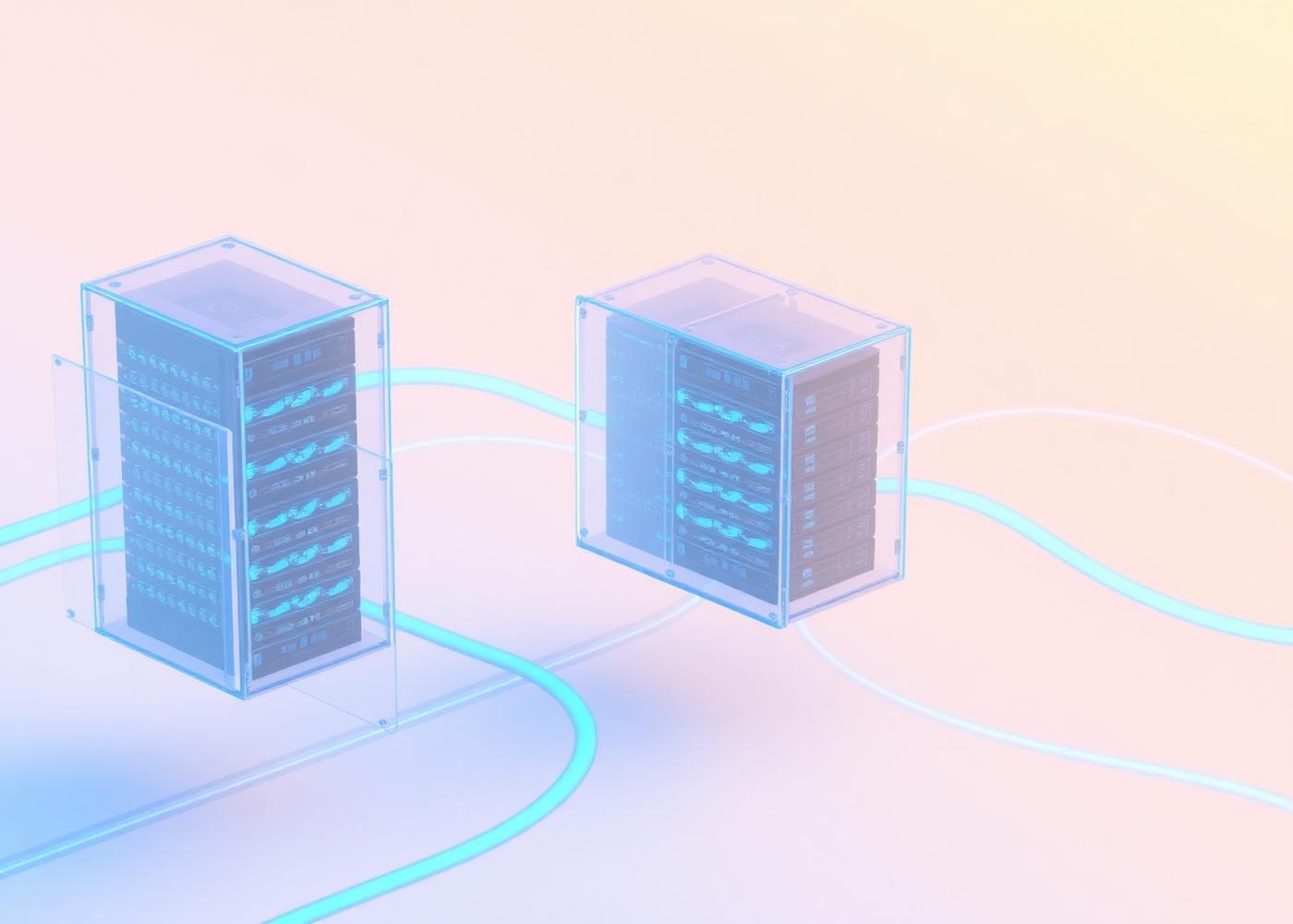Isometric translucent server racks connected by glowing cables on soft gradient