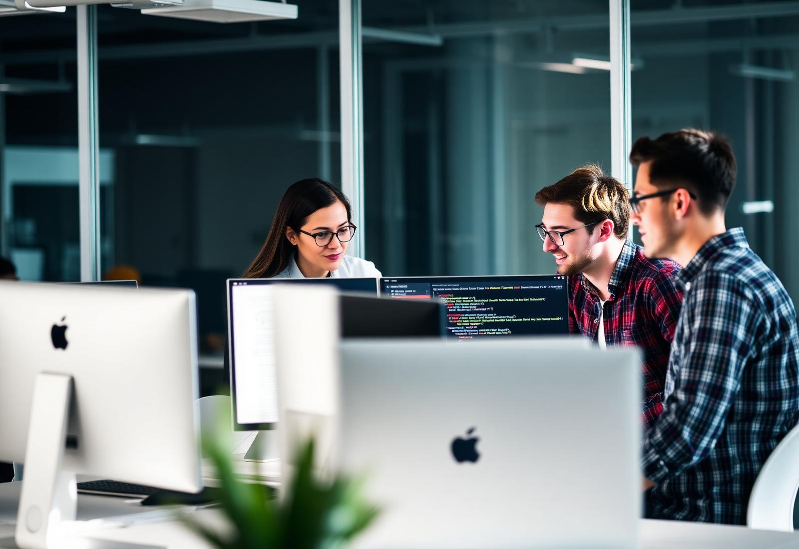 Software engineers collaborating at monitors in a modern office