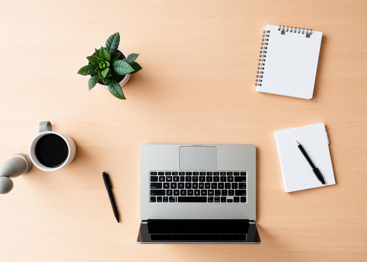 Minimal modern workspace with laptop and notebook viewed from above